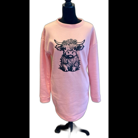 Sweatshirt Dress Highland Cow Pink Plus Size XL Like  New Pockets Casual  Quirky - Picture 1 of 12